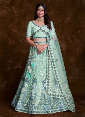 Aqua Blue Wedding Net A Line Lehenga Choli