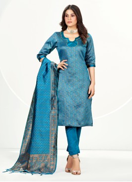 Aqua Blue Woven Banarasi Silk Pant Style Suit