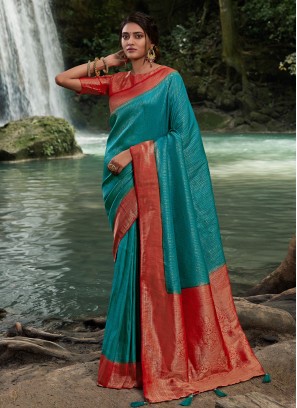 Aqua Blue Woven Festival Trendy Saree