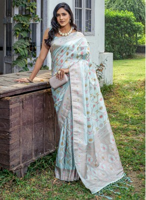 Aqua Blue Woven Trendy Saree