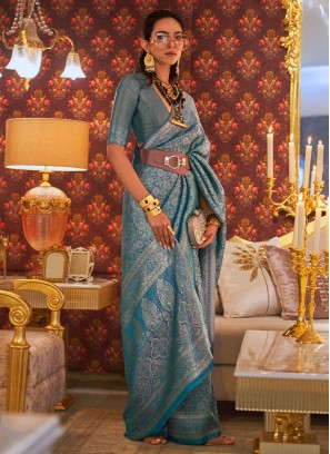 Aqua Blue Zari Nylon Trendy Saree