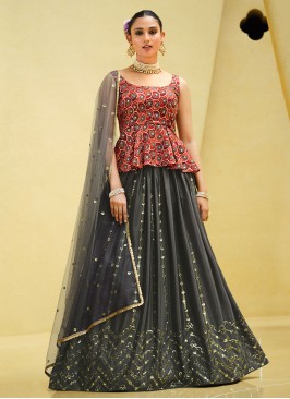 Aristocratic Chinon Grey Embroidered Trendy Lehenga Choli