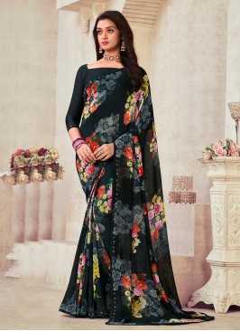 Aristocratic Floral Print Georgette Black Designer Saree