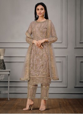 Aristocratic Handwork Net Mauve  Straight Salwar Suit