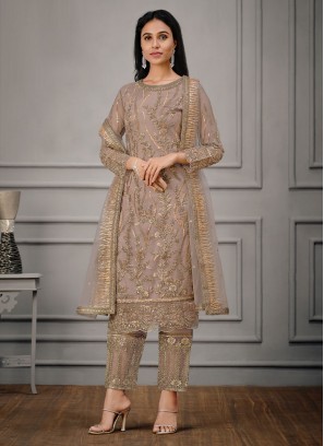 Aristocratic Handwork Net Mauve  Straight Salwar Suit