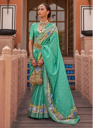 Aristocratic Sea Green Digital Print Silk Saree