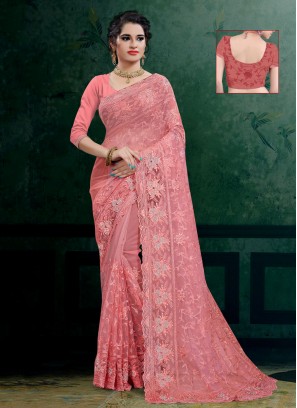 Arresting Pink Embroidered Net Designer Saree