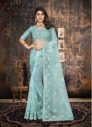 Arresting Resham Aqua Blue Net Contemporary Style Saree