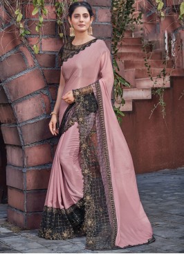 Arresting Silk Pink Patch Border Designer Saree