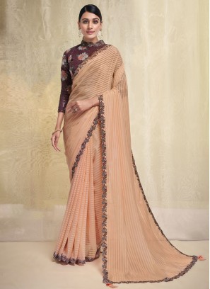 Arresting Stripe Print Peach Georgette Trendy Saree