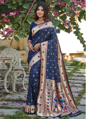 Arresting Woven Banarasi Silk Navy Blue Saree