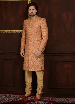 Art Banarasi Silk Churidar Style Wedding Sherwani In Gold