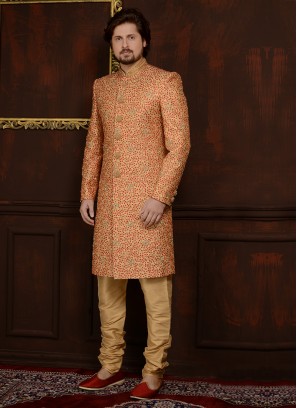 Art Banarasi Silk Churidar Style Wedding Sherwani In Gold