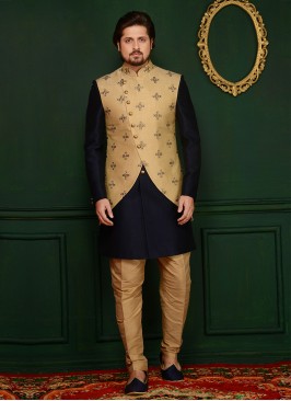 Art Banarasi Silk Navy Blue Partywear Indo Western
