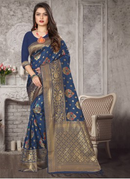 Art Banarasi Silk Navy Blue Weaving Traditional Designer Saree