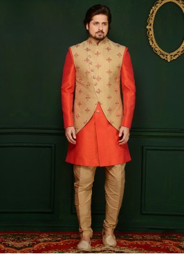 Art Banarasi Silk Orange Partywear Indo Western