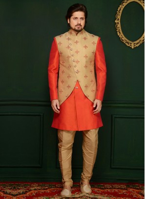 Art Banarasi Silk Orange Partywear Indo Western