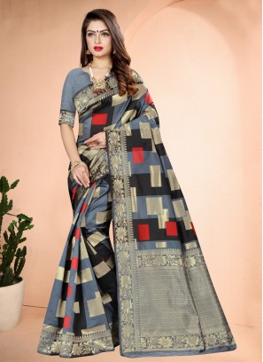 Art Banarasi Silk Printed Traditional Saree in Grey