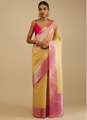 Art Banarasi Silk Yellow Woven Contemporary Style Saree