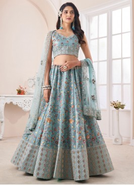 Art Silk Aqua Blue Long Choli Lehenga