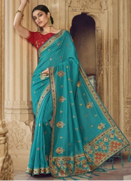 Art Silk Blue Embroidered Designer Saree