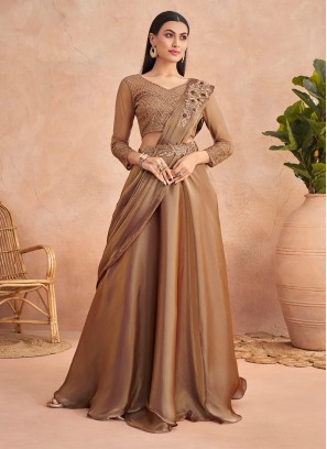 Art Silk Brown Designer Lehenga Style Saree