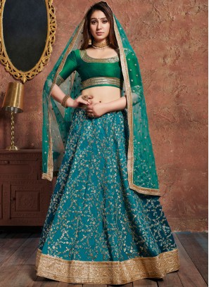 Art Silk Embroidered Teal Lehenga Choli