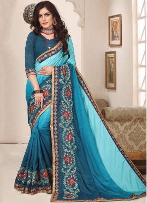 Art Silk Embroidered Turquoise Trendy Saree