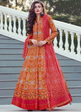 Art Silk Fancy Orange Readymade Suit