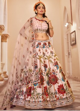 Art Silk Handwork A Line Lehenga Choli in Cream and Peach