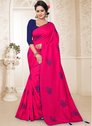 Art Silk Hot Pink Resham Traditional Designer Saree