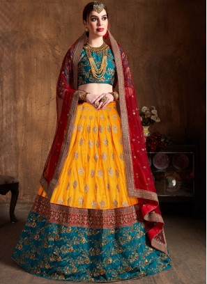 Art Silk Lace Yellow Lehenga Choli