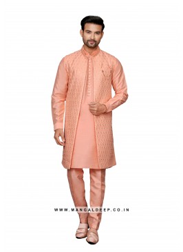 Art Silk Men's Kurta Pyjama With Long Jacket