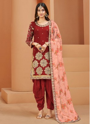 Art Silk Mirror Designer Salwar Kameez in Red