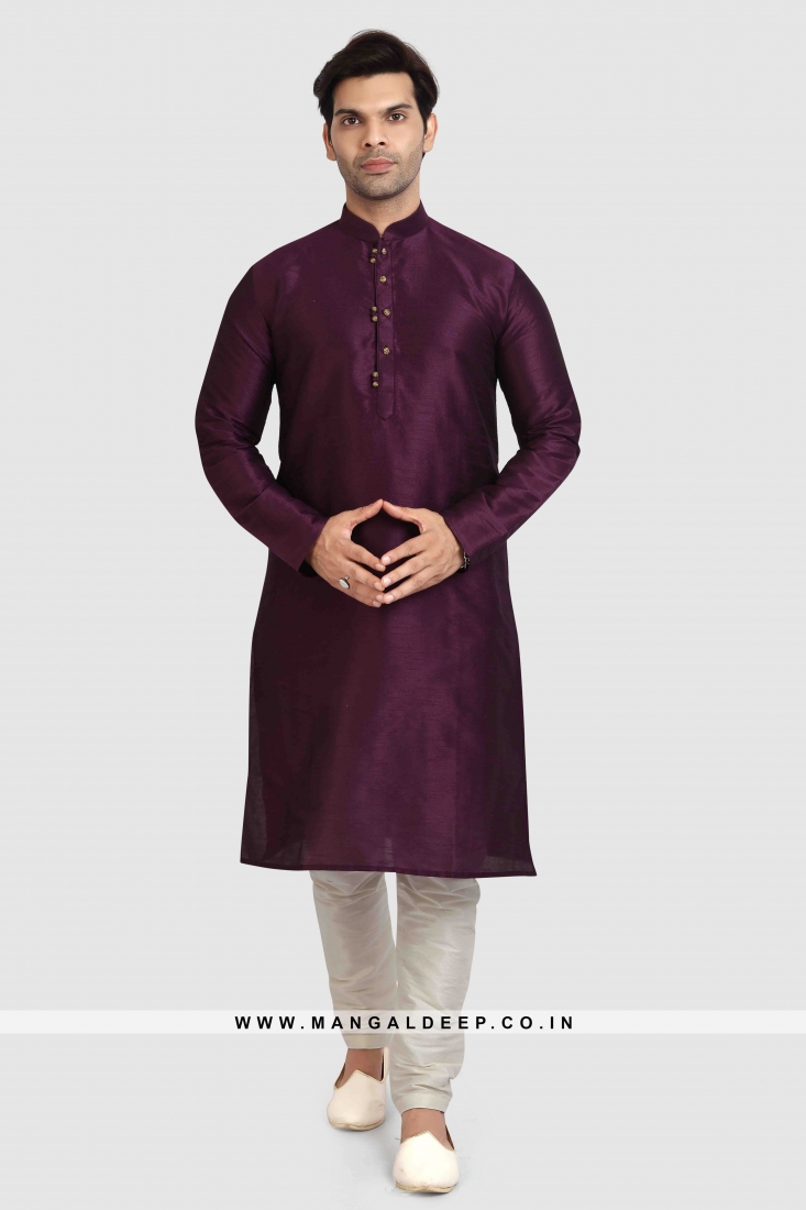 Art Silk Plain Kurta Pyjama Set with Chudidar Bottom