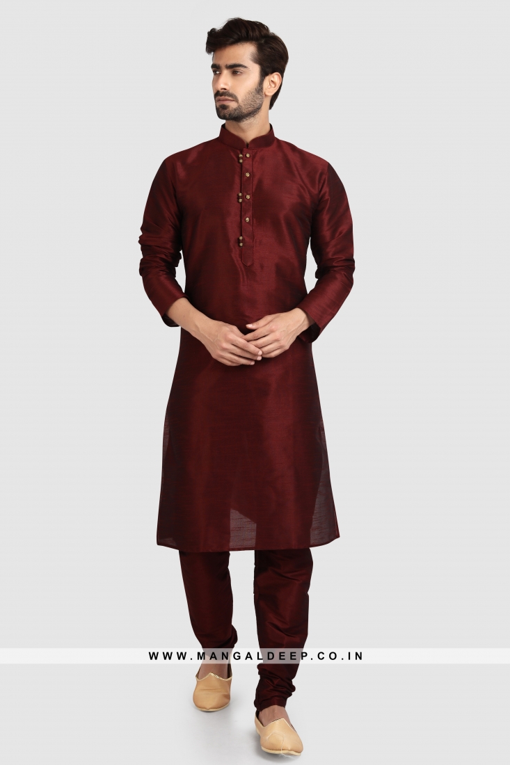 Art Silk Plain Kurta Pyjama Set with Chudidar Bottom