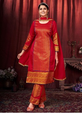 Art Silk Red Woven Readymade Salwar Kameez