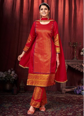 Art Silk Red Woven Readymade Salwar Kameez