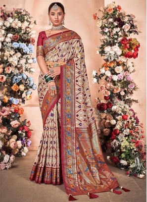 Art Silk Woven Silk Saree in Cream