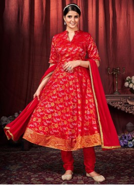Art Silk Woven Trendy Salwar Kameez in Red