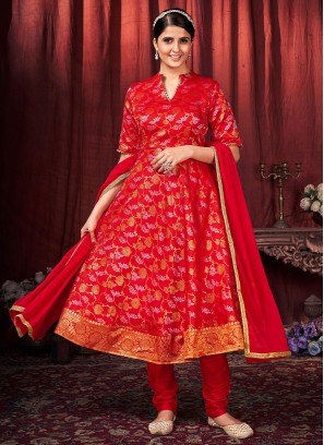 Art Silk Woven Trendy Salwar Kameez in Red