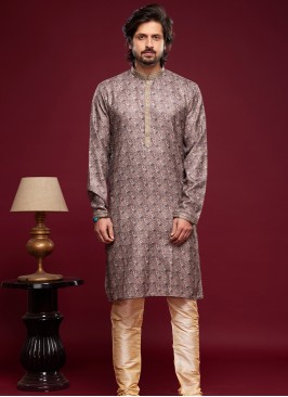 Artisanal Fusion: Brown Digital Print Art Silk Kurta Pajama Set.