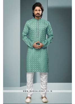 Artisanal Fusion Kurta Pyjama - Contemporary Print, Embellished with Mirror & Embroidery