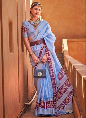 Artistic Aqua Blue Foil Print Cotton Silk Trendy Saree