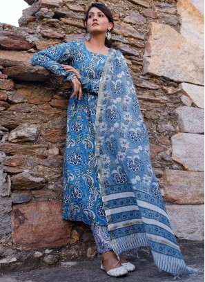 Artistic Cotton Blue Pant Style Suit