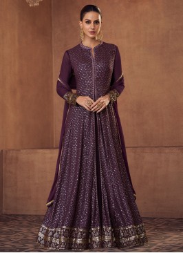 Artistic Embroidered Wine Anarkali Salwar Suit 