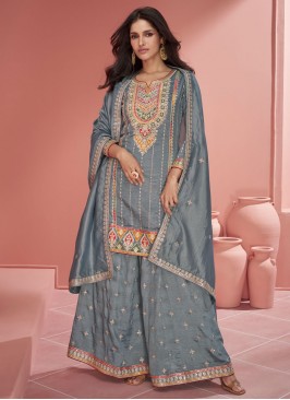 Artistic Grey Silk Palazzo Salwar Kameez