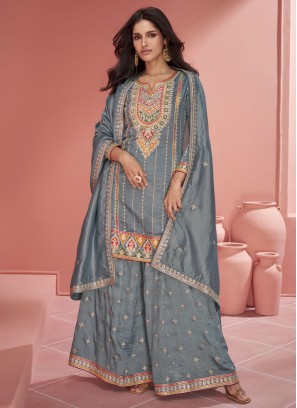 Artistic Grey Silk Palazzo Salwar Kameez