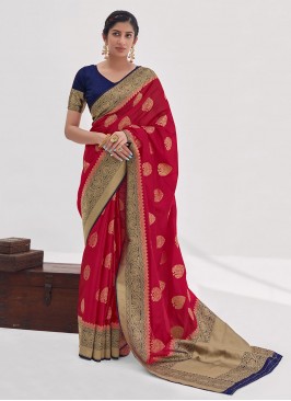 Artistic Red Weaving Classic Saree