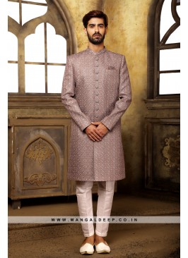 Ash Navabi Indo Western Embroidered Art Banarasi Silk Sherwani with Art Silk Aligadhi Bottom.